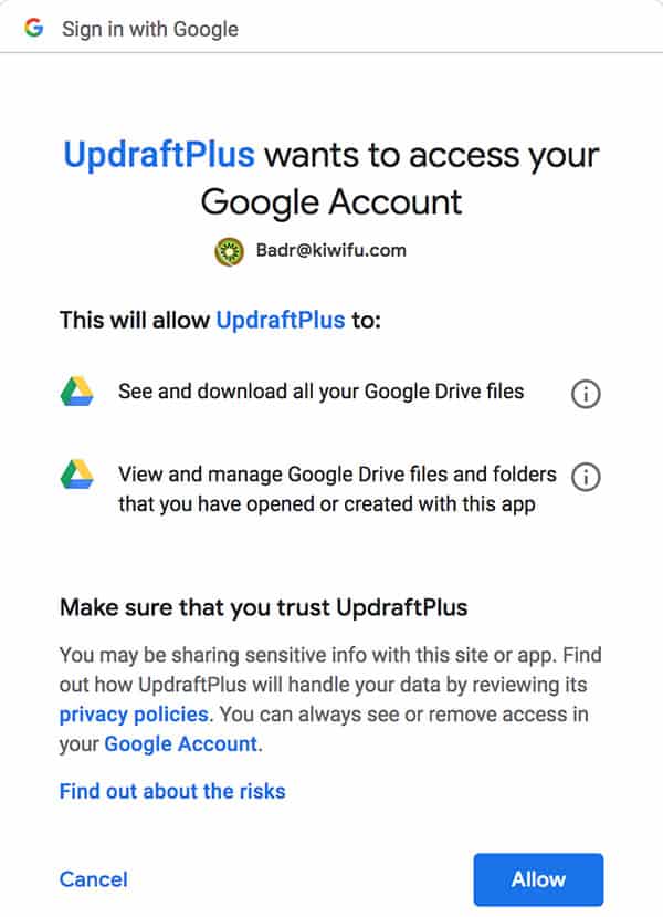 Allow Google account UpdraftPlus