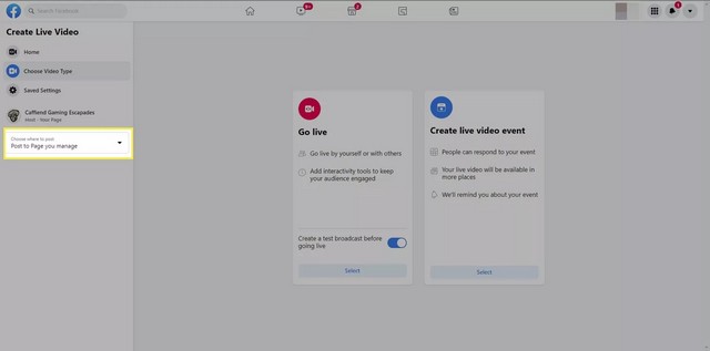 حدد صفحة Facebook Gaming الخاصة بك