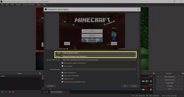 الوضع على التقاط نافذة معينة