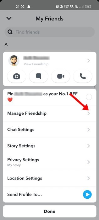 حدد إدارة الصداقة
