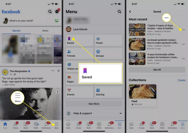 البحث عن المشاركات المحفوظة في التطبيق