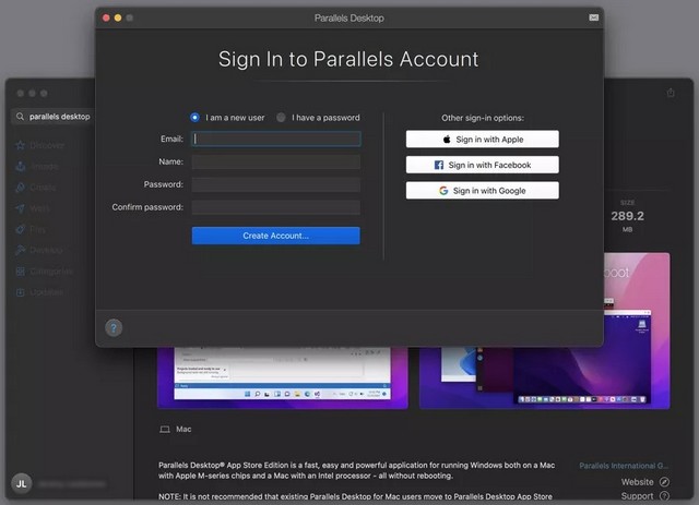 قم بإنشاء حساب Parallels